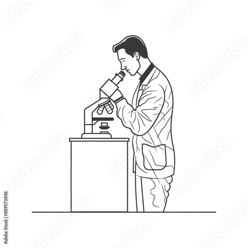 man scientists looking through microscope in minimalist line art icon logo symbol