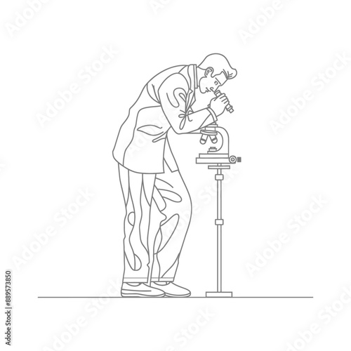 man scientists looking through microscope in minimalist line art icon logo symbol