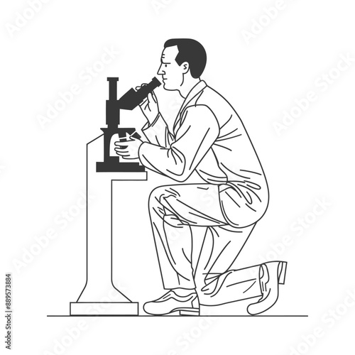 man scientists looking through microscope in minimalist line art icon logo symbol
