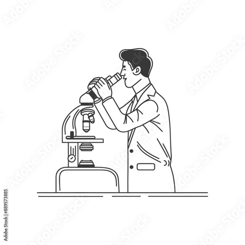man scientists looking through microscope in minimalist line art icon logo symbol