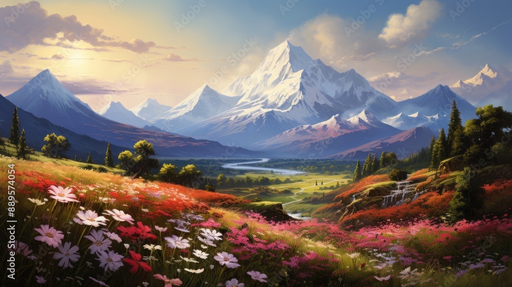 Majestic mountain range with a valley and wildflowers. Majestic mountain range with a valley and wildflowers.