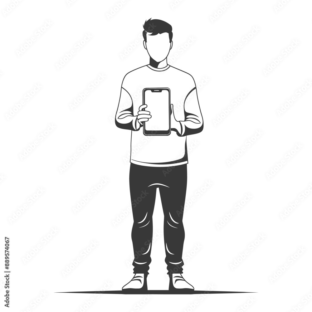 man shows a blank white cellphone screen in minimalist line art icon logo symbol man shows a blank white cellphone screen in minimalist line art icon logo symbol