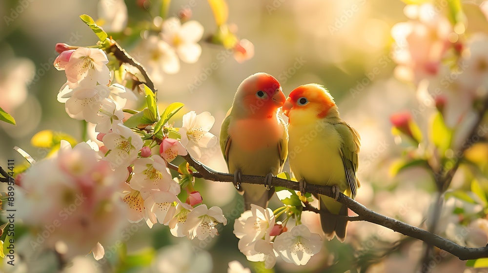 Lovebirds sitting close together on a branch, surrounded by the fresh blooms of a spring garden, the sunlight filtering through the petals creating a bright and joyful scene. Captured with a DSLR, Lovebirds sitting close together on a branch, surrounded by the fresh blooms of a spring garden, the sunlight filtering through the petals creating a bright and joyful scene. Captured with a DSLR,
