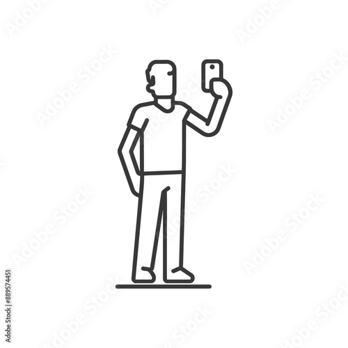 man taking selfie photo on smartphone in minimalist line art icon logo symbol