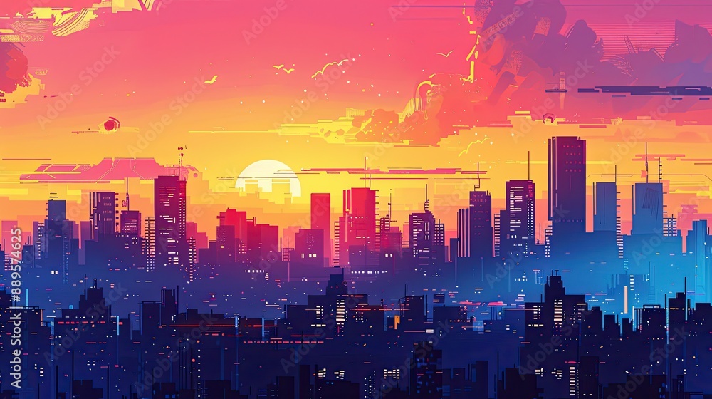 Fototapeta premium A cityscape at sunset, with skyscrapers silhouetted against a vibrant orange and pink sky.