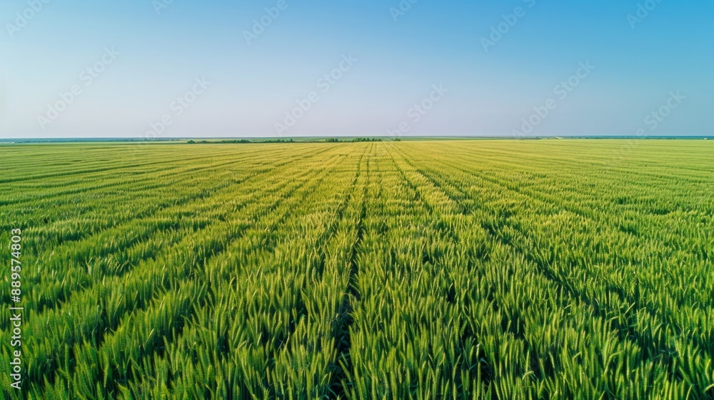 Golden Harvest: Aerial View of Lush Green Wheat Field Ready for Harvest Under Clear Blue Sky, Copy Space Golden Harvest: Aerial View of Lush Green Wheat Field Ready for Harvest Under Clear Blue Sky, Copy Space