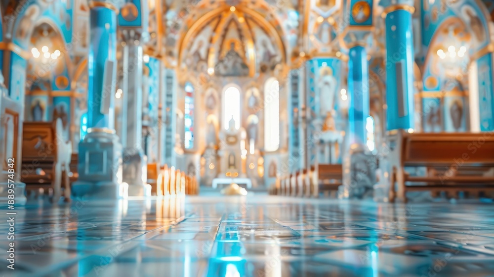 Obraz premium Blurred orthodox church interior with no people, classical interior, light colors, background, wallpaper