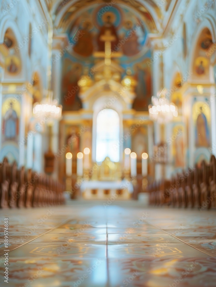 Fototapeta premium Blurred orthodox church interior with no people, classical interior, light colors, background, wallpaper