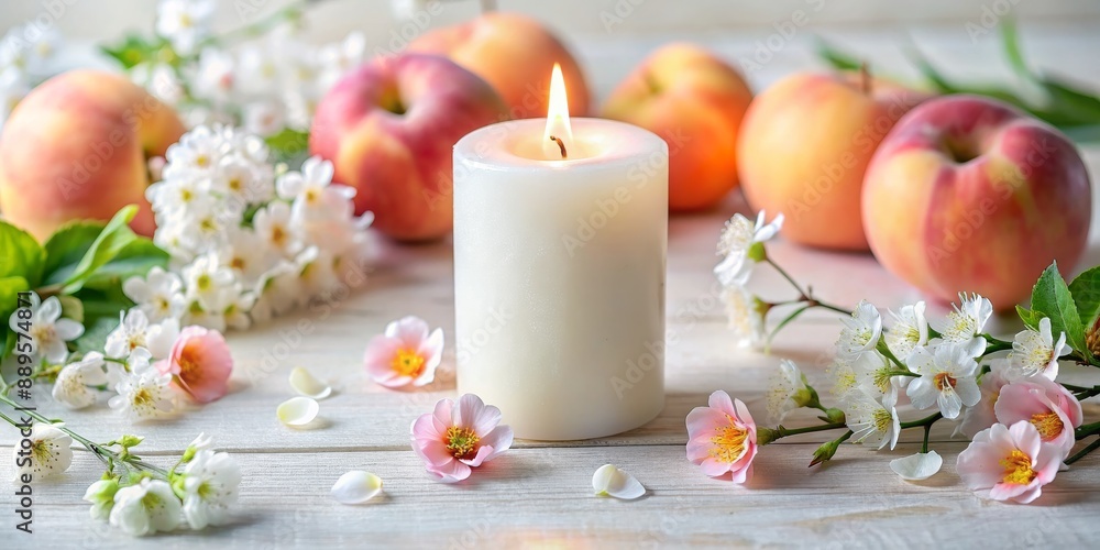 A Burning Candle with Peaches and Blossoms on White Wood, candle , blossom , peach , spring A Burning Candle with Peaches and Blossoms on White Wood, candle , blossom , peach , spring