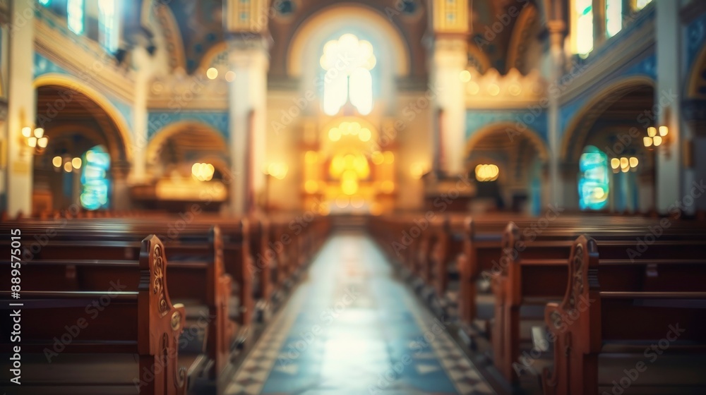 Fototapeta premium Blurred synagogue interior with no people, classical interior, light colors, background, wallpaper