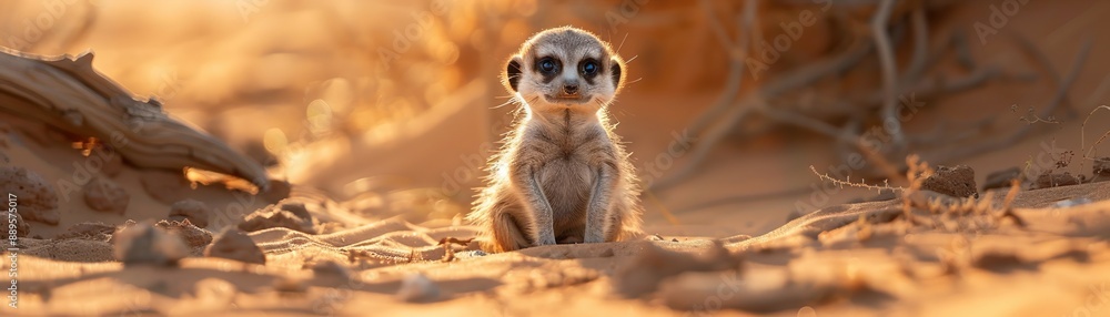 Cute baby meerkat sitting in a warm sandy desert environment during sunset, with soft golden light illuminating its tiny face. Cute baby meerkat sitting in a warm sandy desert environment during sunset, with soft golden light illuminating its tiny face.
