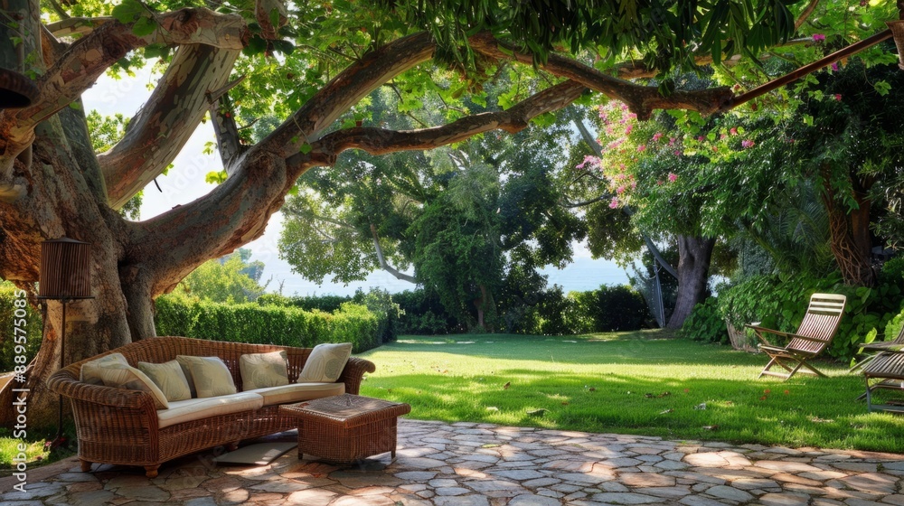wicker sofa and low table located under the shade of a large tree in a large garden generative ai wicker sofa and low table located under the shade of a large tree in a large garden generative ai