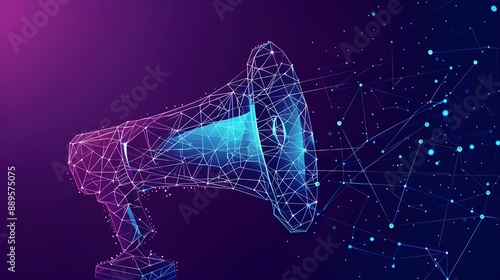 Digital marketing low poly wireframe illustration. Polygonal online notification, Internet targeted advertisement mesh art. 3D laptop and megaphone with connected dots. Promotional campaign