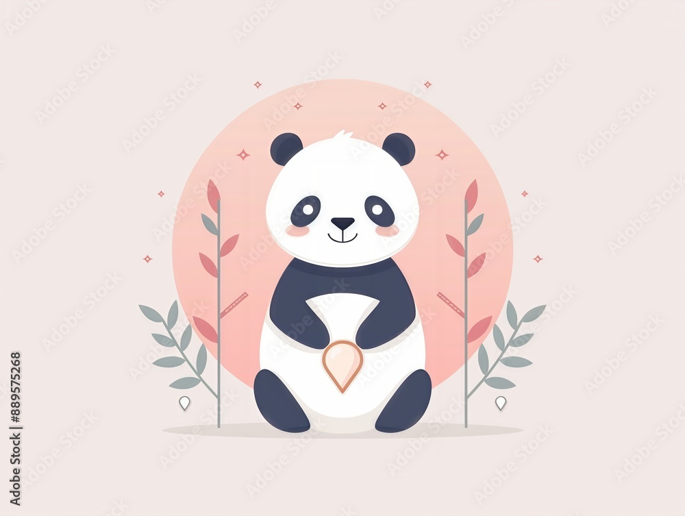 Cute cartoon panda with pink background and decorative leaves, perfect for children's illustrations and creative designs. Cute cartoon panda with pink background and decorative leaves, perfect for children's illustrations and creative designs.