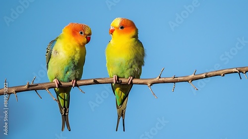 Two lovebirds perched on a branch, their feathers shimmering in shades of yellow and green, with a clear blue sky in the background, creating a bright and joyful scene. DSLR, wide-angle lens,