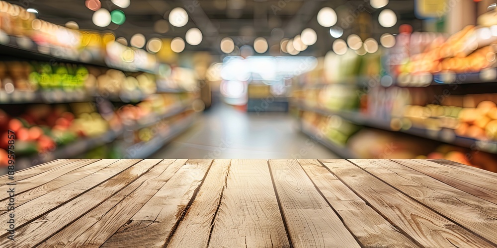 Wooden Tabletop Against Blurred Supermarket Interior Wooden Tabletop Against Blurred Supermarket Interior