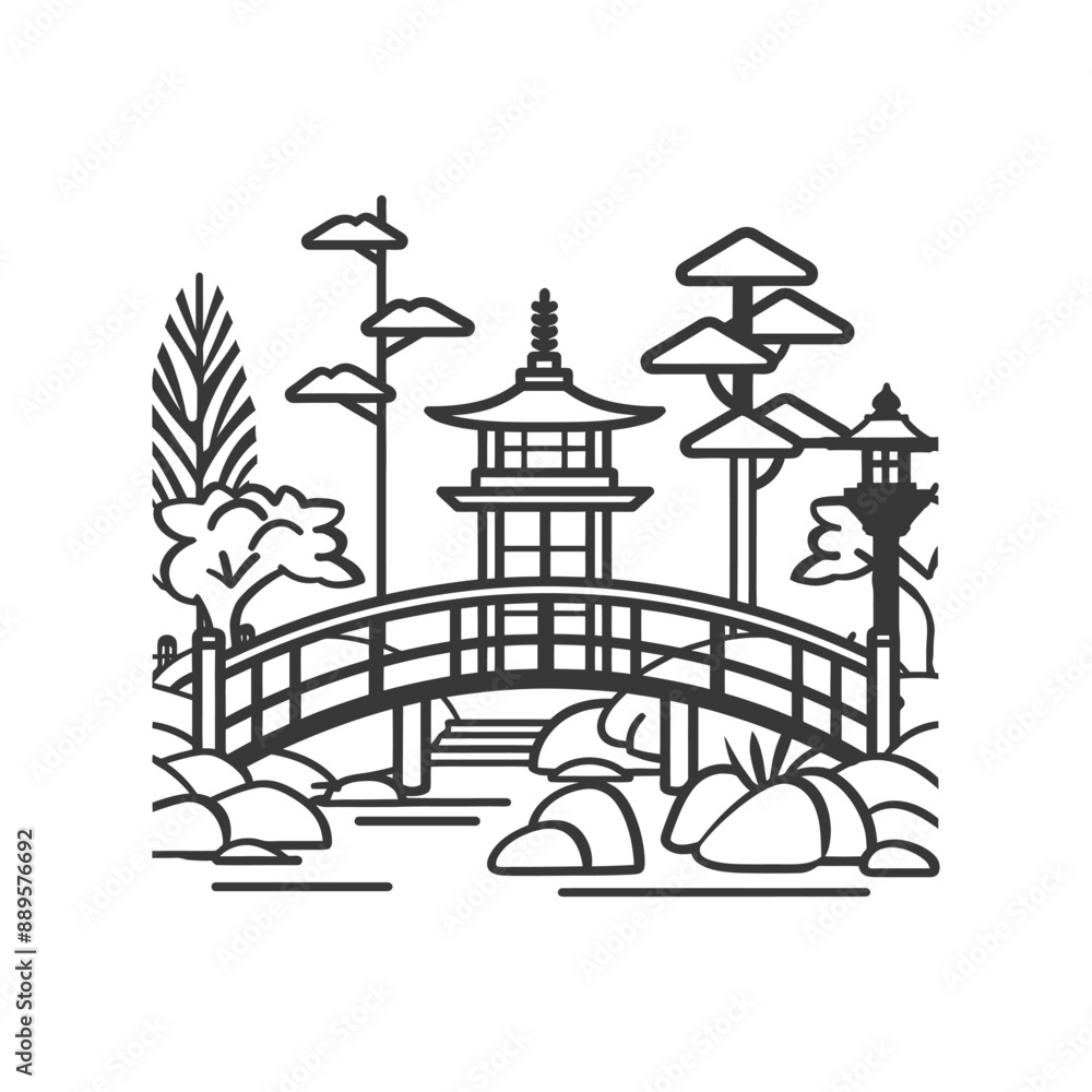 Fototapeta premium Serene Japanese Garden: Line Art Pagoda & Arch Bridge