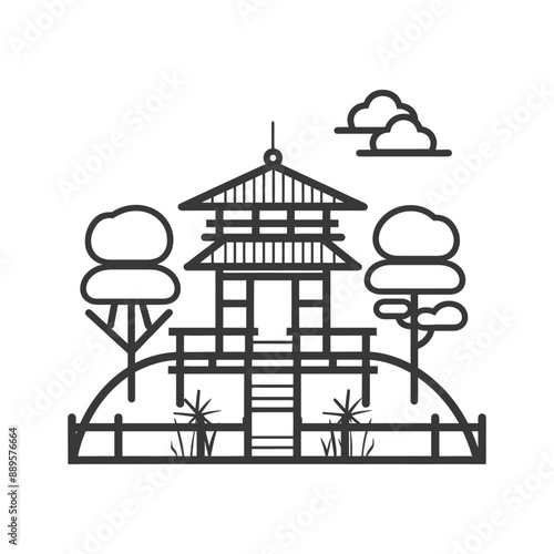 Line Art Zen Garden Pagoda on Hilltop with Ladder and Trees