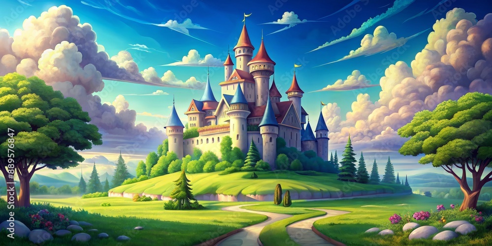 A Majestic Castle Amidst Rolling Hills, Digital Painting, Fantasy Architecture, Lush Greenery, Blue Sky with Clouds, Castle, Fantasy A Majestic Castle Amidst Rolling Hills, Digital Painting, Fantasy Architecture, Lush Greenery, Blue Sky with Clouds, Castle, Fantasy