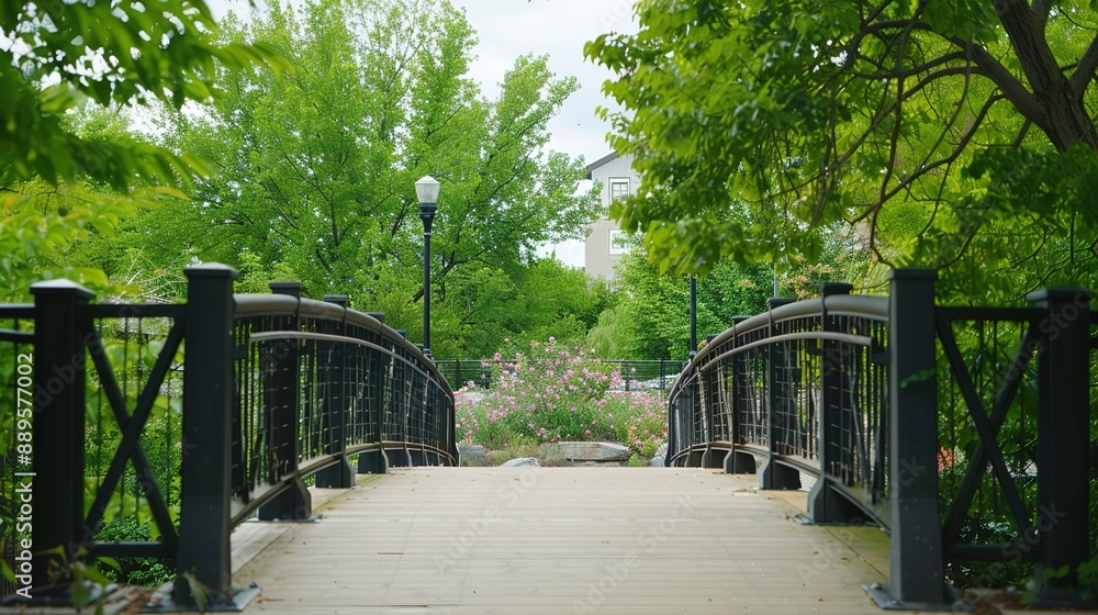 Black Metal Bridge Leading Through Green Trees In A Park Black Metal Bridge Leading Through Green Trees In A Park