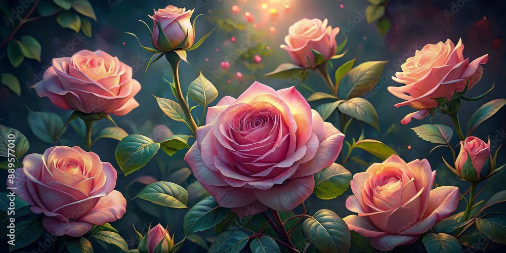 A Rose Garden in Bloom, Digital Painting, Pink Roses, Floral, Nature, rose , garden A Rose Garden in Bloom, Digital Painting, Pink Roses, Floral, Nature, rose , garden