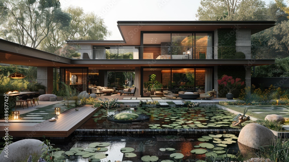 Modern Home with Pond and Lush Garden Modern Home with Pond and Lush Garden
