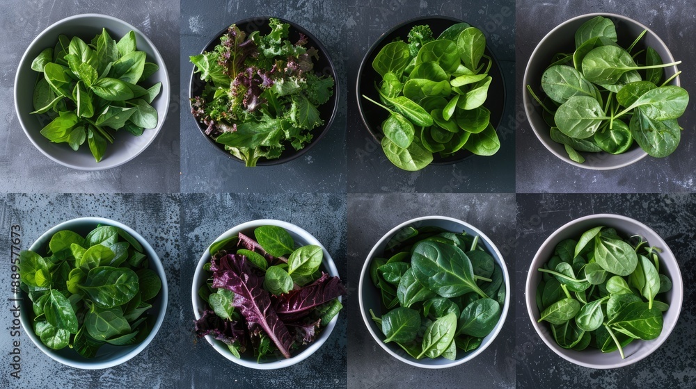 Obraz premium A compilation of 8 images depicting a variety of leafy greens in salads.