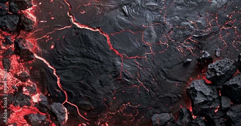 Glowing red-hot cracks in the black volcanic rock reveal the fiery ...