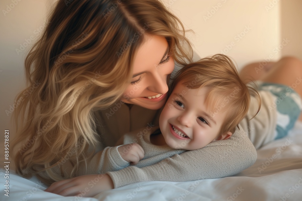 Closeup boy lying on bed with mother hugging Closeup boy lying on bed with mother hugging