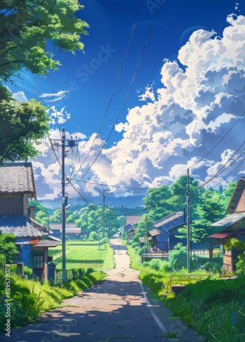 Wallpaper Mural Blue sky and white clouds over a village road with green fields and trees, small houses in the distance, sunny day, anime style,  Torontodigital.ca