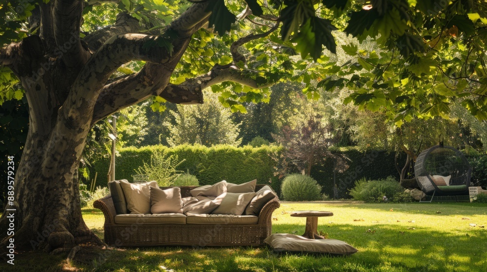 wicker sofa and low table located under the shade of a large tree in a large garden generative ai wicker sofa and low table located under the shade of a large tree in a large garden generative ai