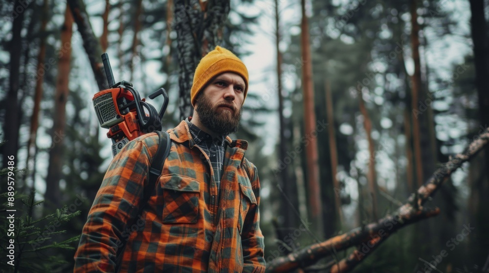 A man with a beard and a yellow hat is standing in a forest with a chainsaw A man with a beard and a yellow hat is standing in a forest with a chainsaw