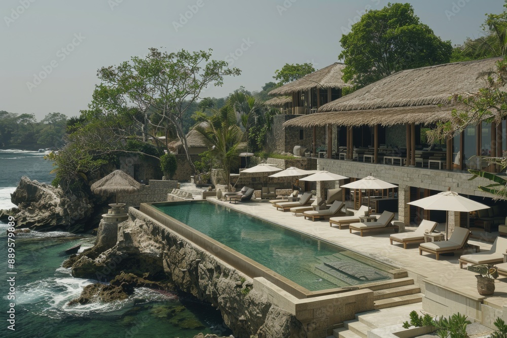 Obraz premium Luxurious Resort with Infinity Pool and Coastal View Offering a Serene and Scenic Tropical Vacation Experience