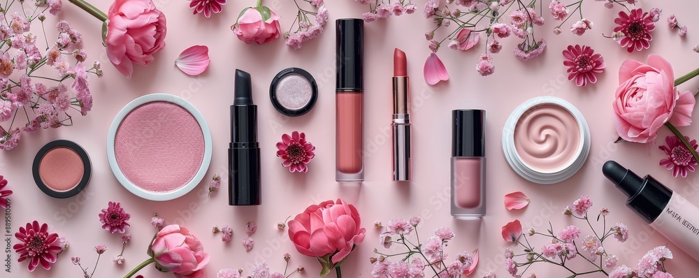 Flat lay of pink makeup products and flowers on a pink background. Perfect for beauty, skincare, and cosmetic advertising.