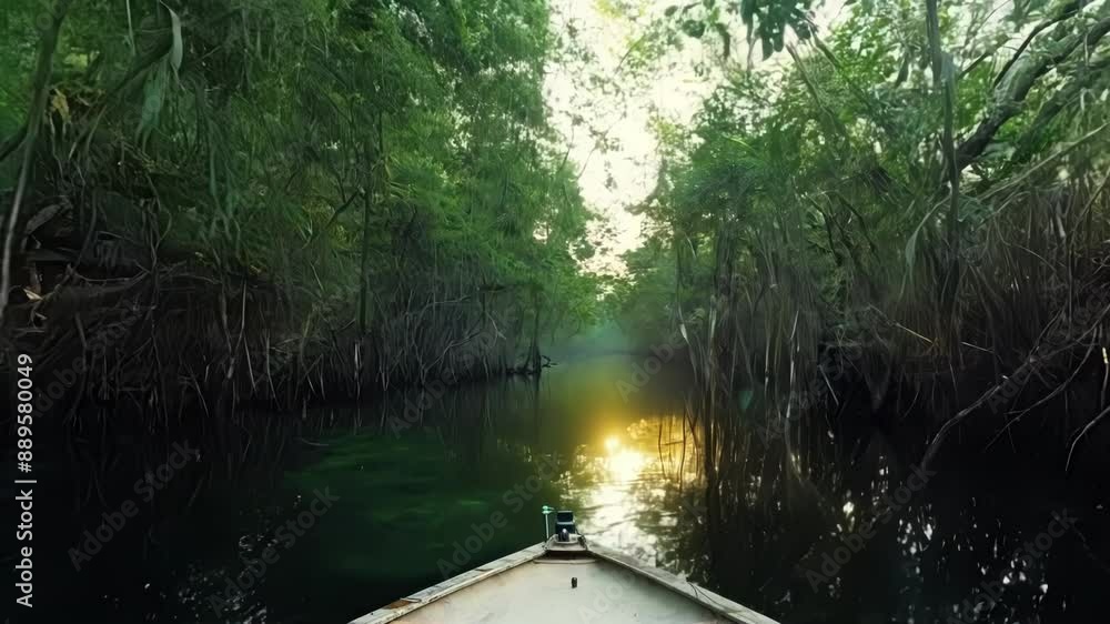 POV shot of a small boat disappearing into the depths of the mangrove labyrinth with only a sliver of light guiding the way. POV shot of a small boat disappearing into the depths of the mangrove labyrinth with only a sliver of light guiding the way.