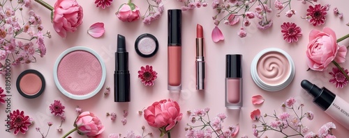 Obraz na płótnie Flat lay of pink makeup products and flowers on a pink background. Perfect for beauty, skincare, and cosmetic advertising. w salonie