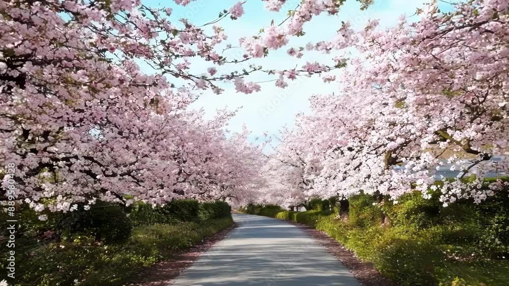 A slow tracking shot of a path lined with flowering cherry trees creating a mesmerizing sea of color. A slow tracking shot of a path lined with flowering cherry trees creating a mesmerizing sea of color.