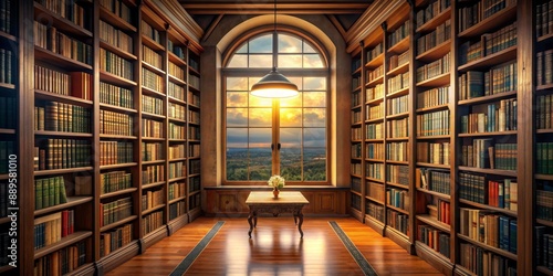 A Sunlit Library With Bookshelves Filled With Books,  library, book, bookshelf, knowledge photo