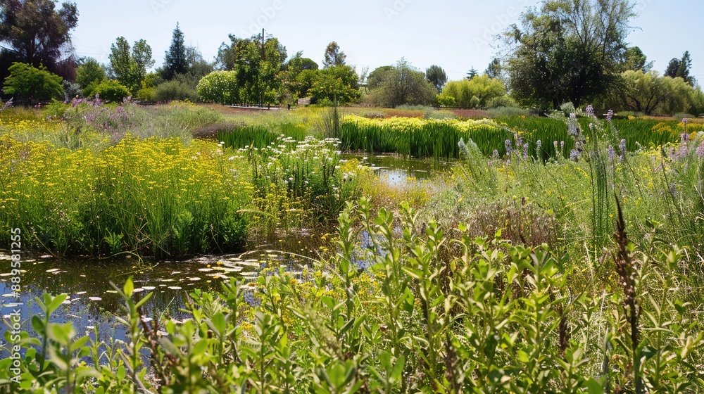 Obraz premium A Sunny Day in a Lush, Green Garden With a Small Pond