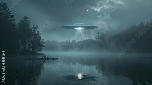 A UFO hovering silently above a calm, moonlit lake, its reflection shimmering on the water's surface, surrounded by mist and eerie lights.