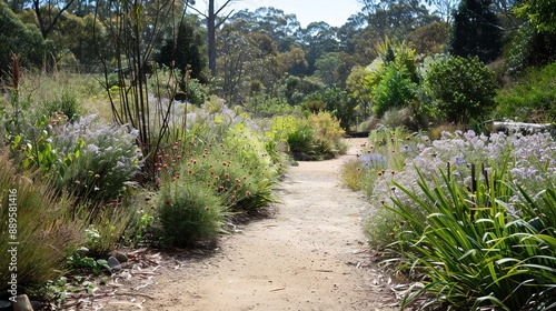 A Winding Dirt Path Through a Lush Australian Garden on a Sunny Day photo