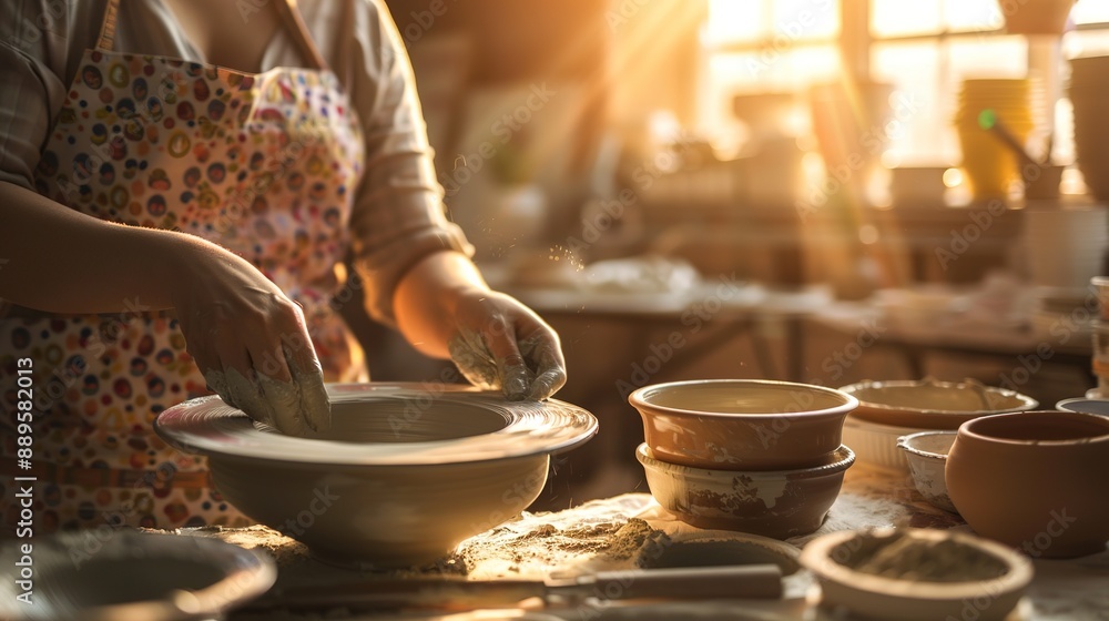 Woman Shaping Clay Bowl In Pottery Studio During Golden Hour Woman Shaping Clay Bowl In Pottery Studio During Golden Hour