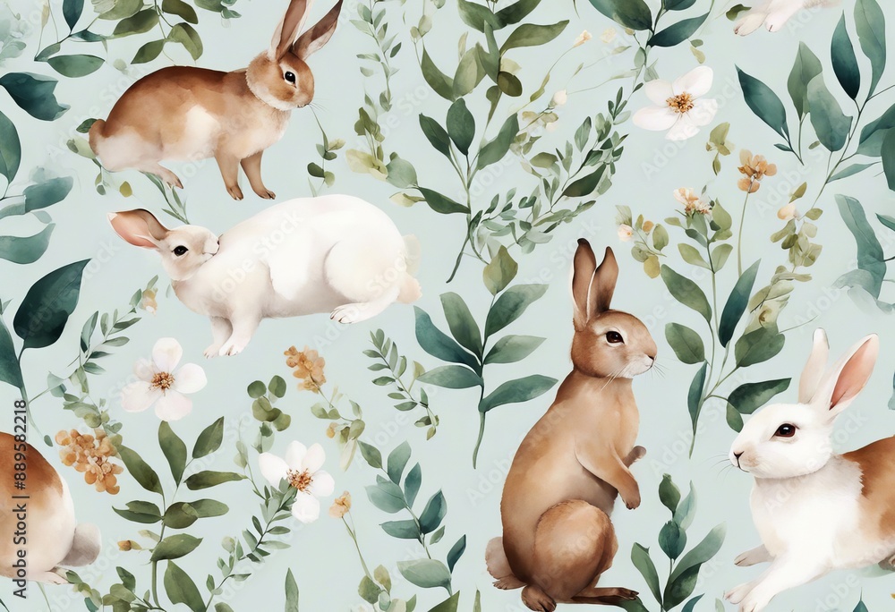 Watercolor leaves white Wild eucalyptus cute rabbits animals seamless pattern Watercolor leaves white Wild eucalyptus cute rabbits animals seamless pattern