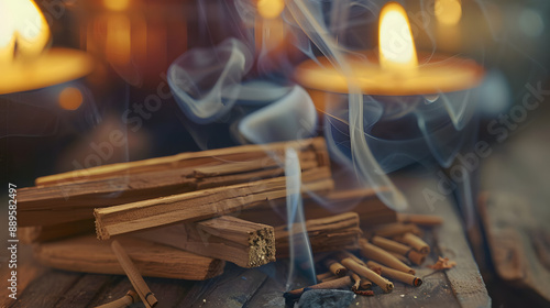 Up close view of Palo Santo bars with space for text Sanctifying with sacred wood meditation and scented incense and candles