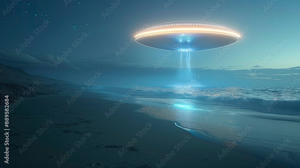 An alien spacecraft hovering above a remote beach, its lights reflecting on the ocean waves and creating a surreal and peaceful scene. An alien spacecraft hovering above a remote beach, its lights reflecting on the ocean waves and creating a surreal and peaceful scene.