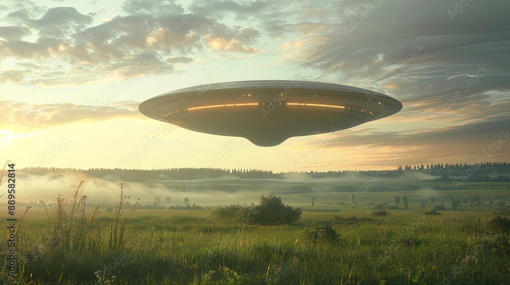 Fototapeta premium A UFO hovering above a tranquil countryside, its lights casting long shadows and creating a peaceful and surreal scene.