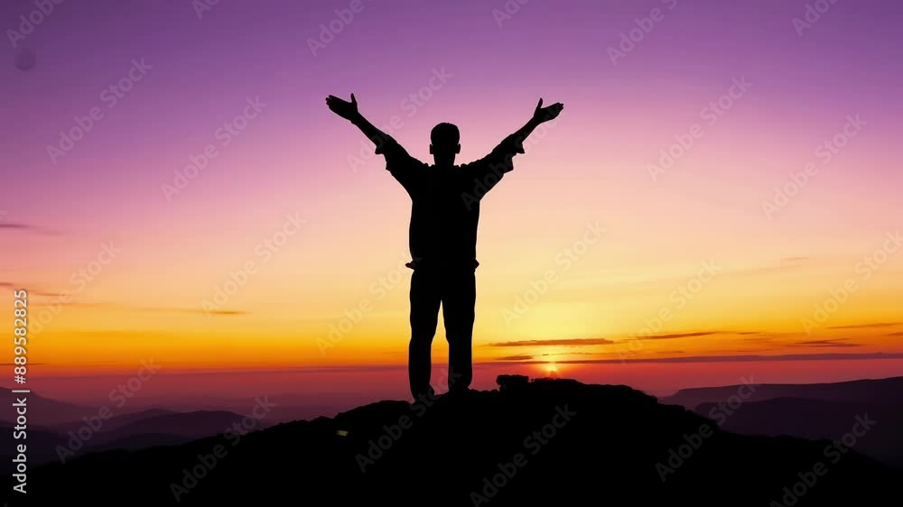 The silhouette of a lone figure standing atop a plateau arms outstretched as the sun sets behind them. The silhouette of a lone figure standing atop a plateau arms outstretched as the sun sets behind them.