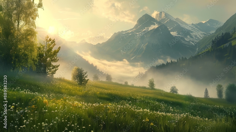 Obraz premium Wide shot of a serene mountain landscape. 