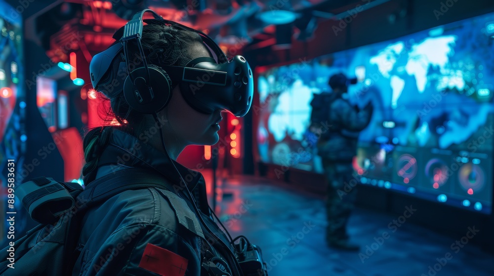 Person Wearing Virtual Reality Headset In An Immersive Technology Exhibit Person Wearing Virtual Reality Headset In An Immersive Technology Exhibit