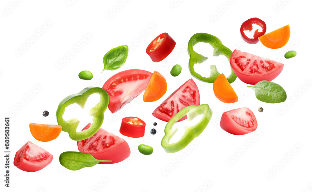Different vegetables in air on white background Different vegetables in air on white background